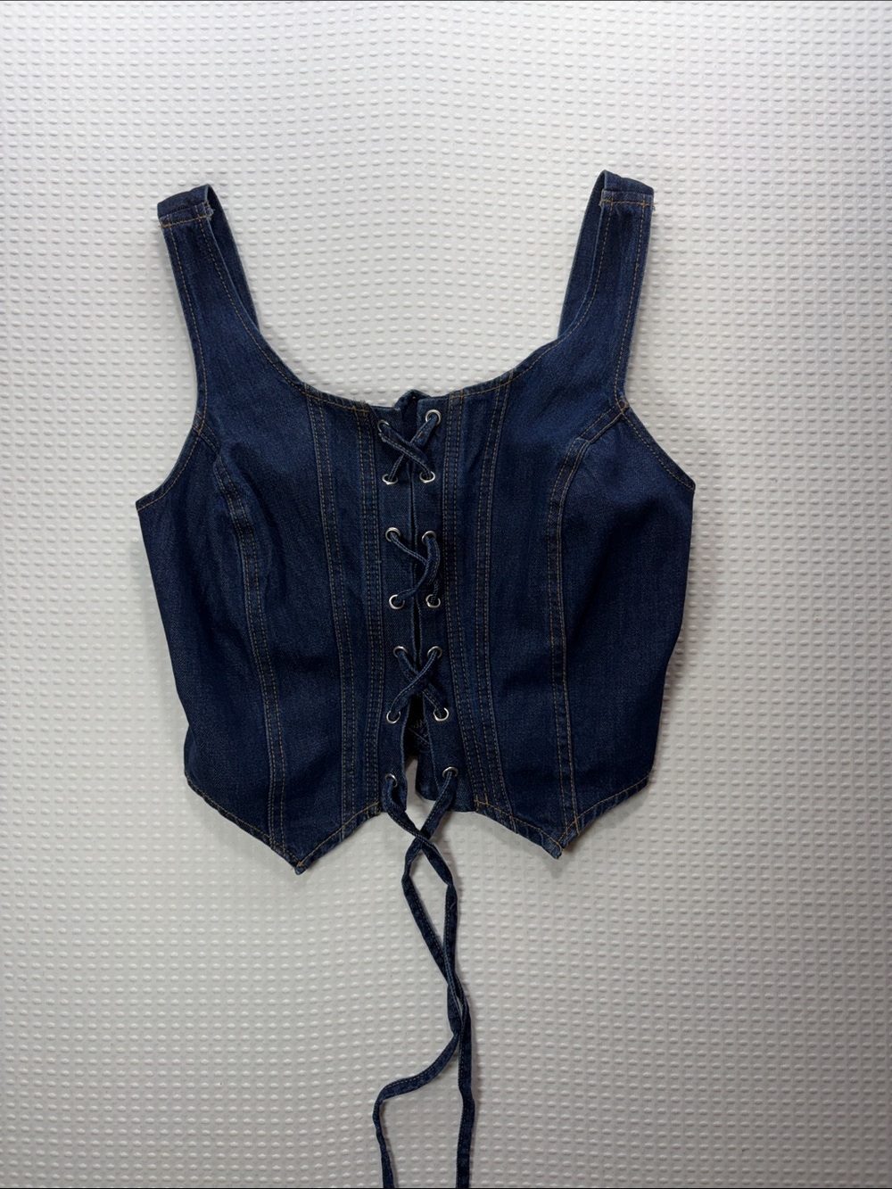 Lace-Up Denim Corset Crop Top - Dark Blue